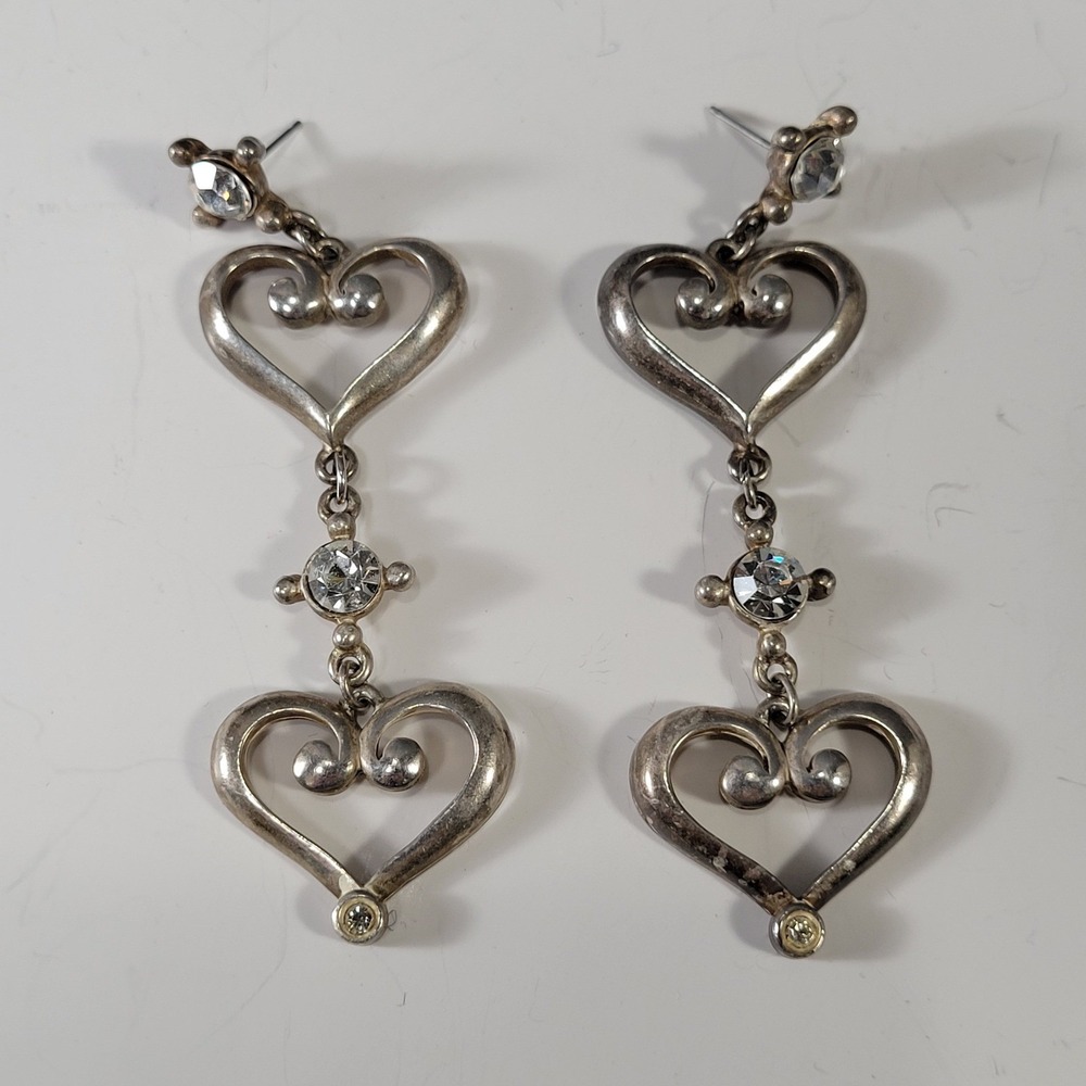 Heavy Sterling Silver Dangle Heart Earrings Scroll Rhinestone‎ Chunky 20g